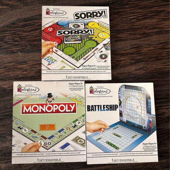 Colorforms Classic Board Games Set - Sorry! Monopoly & Battleship - Ages 6+ - St - Picture 1 of 11